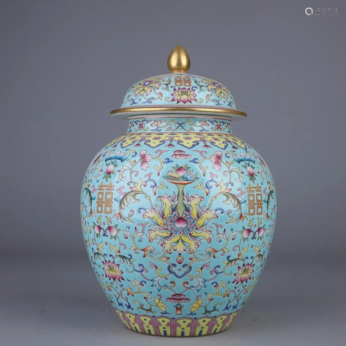 CHINESE BLUE-GROUND FAMILLE-ROSE COVERED JAR DEPICTING '...