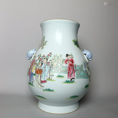 CHINESE FAMILLE-ROSE DEER-HANDLED ZUN VASE DEPICTING 'F...