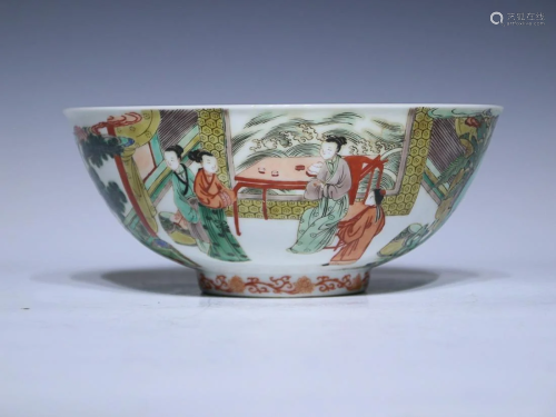 CHINESE FAMILLE-VERTE BOWL DEPICTING 'FIGURE STORY'...