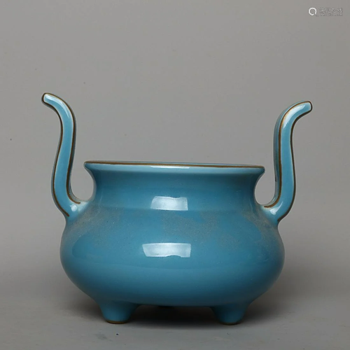 CHINESE SKY-BLUE-GLAZED TWO-HANDLED CENSER ON THREE LEGS, &#...