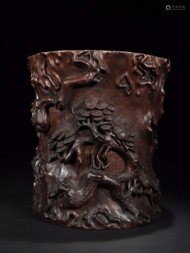 CHINESE AGARWOOD BRUSHPOT WITH CARVED 'THREE FRIENDS OF...