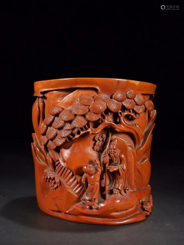CHINESE BOXWOOD BRUSHPOT WITH CARVED 'FIGURE IN A LANDS...