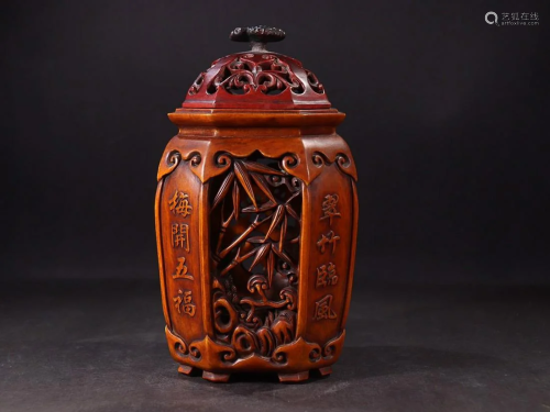 CHINESE BOXWOOD OPENWORK BRUSHPOT WITH CARVED 'FOUR GEN...
