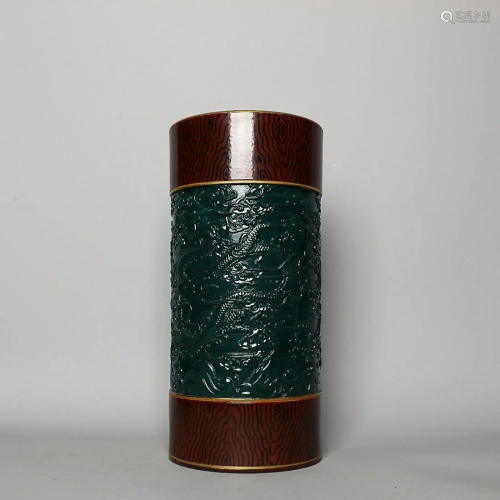 CHINESE WOOD-GRAIN-GLAZED AND GREEN-GLAZED BRUSHPOT WITH MOL...