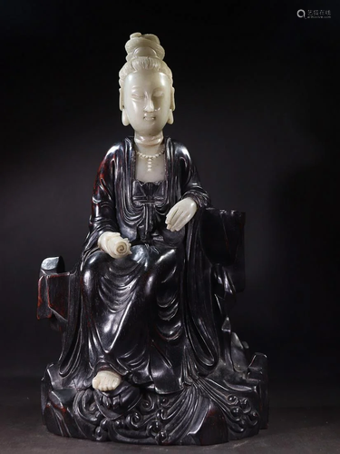 CHINESE SHOUSHAN STONE-EMBELLISHED SANDALWOOD FIGURE OF GUAN...