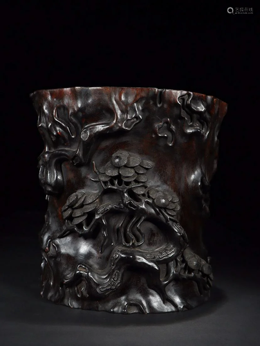 CHINESE SANDALWOOD BRUSHPOT WITH CARVED 'THREE FRIENDS ...