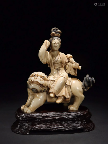 CHINESE SHOUSHAN FURONG STONE FIGURE OF GUANYIN RIDING LION,...