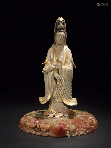 CHINESE GILDED ON SHOUSHAN FURONG STONE FIGURE OF GUANYIN