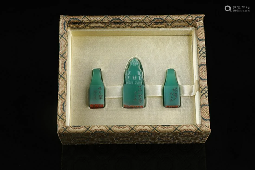 THREE CHINESE SHOUSHAN GREEN STONE SEALS