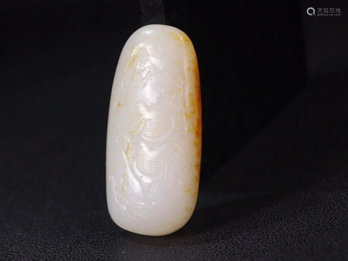 CHINESE HETIAN JADE HANDPIECE WITH CARVED 'BIRD AND PRU...