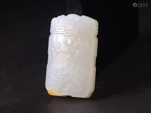 CHINESE HETIAN JADE PLAQUE WITH CARVED 'BAT AND PEACH&#...