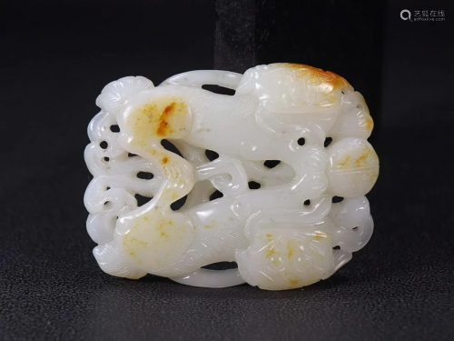 CHINESE HETIAN JADE ORNAMENT WITH CARVED 'LIONS PURSUIN...