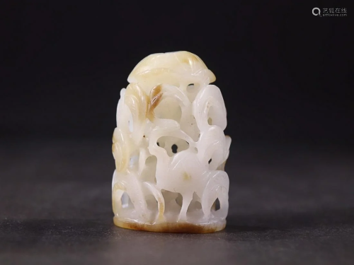 CHINESE HETIAN JADE KNOB WITH CARVED 'HERON AND LOTUS&#...