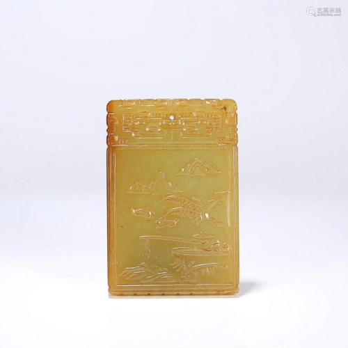CHINESE HETIAN YELLOW JADE PLAQUE WITH CARVED 'FIGURE S...