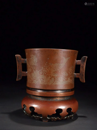 CHINESE SILVER-INLAID BRONZE TWO-HANDLED CENSER DEPICTING &#...