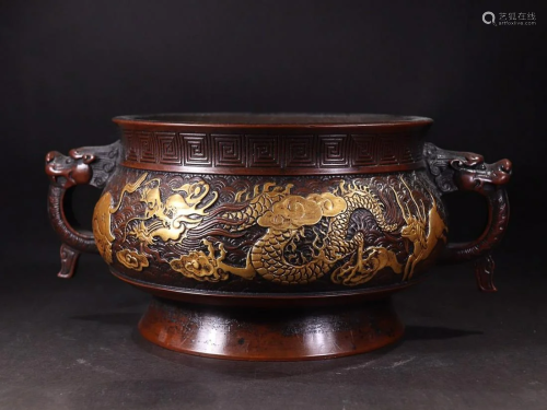 CHINESE PARCEL-GILT-BRONZE CENSER CAST WITH 'DRAGON...