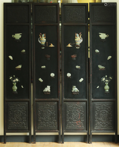 Chinese Jade Cloisonne 4 Hard Wood Panel Screen