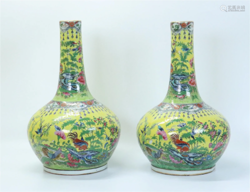 Pair Chinese 19th Cen.Famille Rose & Yellow Vases