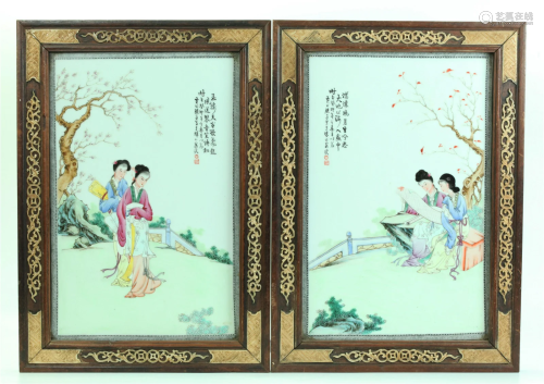Pair Chinese Enameled Porcelain Lady Plaques
