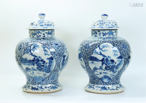Pair Chinese 19th Cen. Blue & White Temple Jars