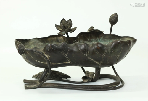 Chinese Cast Bronze Lotus Leaf & Frog Brush Washer