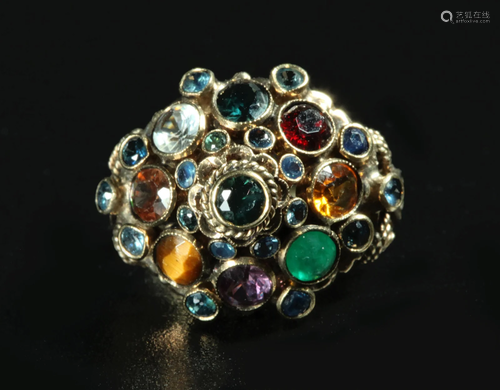 Vintage Multi-Color Gemstone Dome 14K Ring