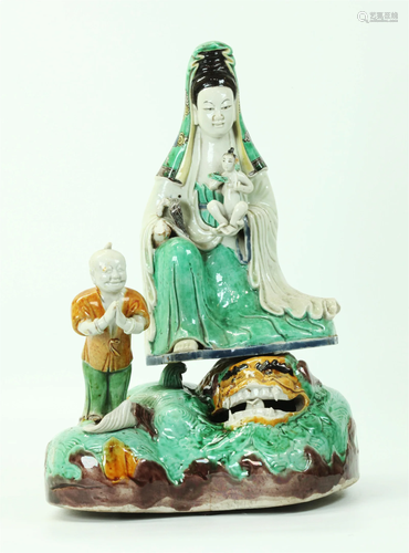 Chinese 19th C Sancai Biscuit Porcelain Guanyin