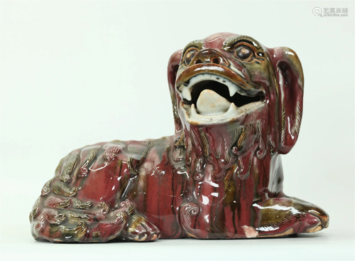 Lg Chinese Underglaze Red Green Porcelain Fu Dog