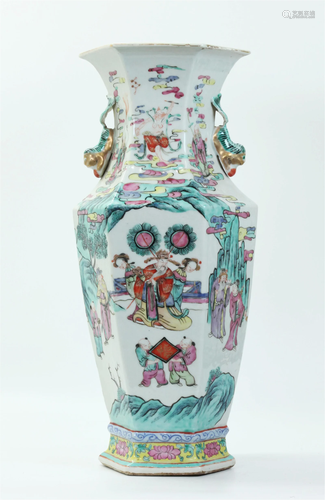 Chinese 19 C Hexagonal Enameled Porcelain Vase