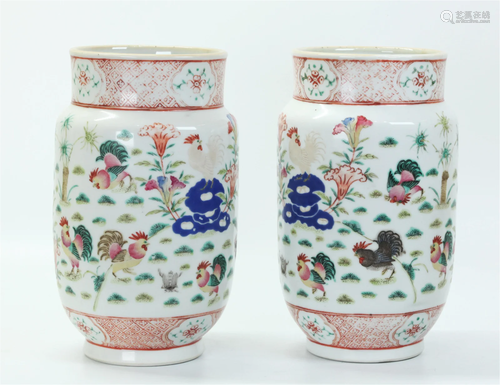 Pr Chinese 19 C Porcelain Rooster Lantern Vases