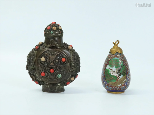 2 Chinese Bronze Snuff Bottles; Cloisonne & Tibet