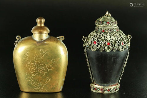 2 Chinese / Tibetan Bronze & Horn Snuff Bottles