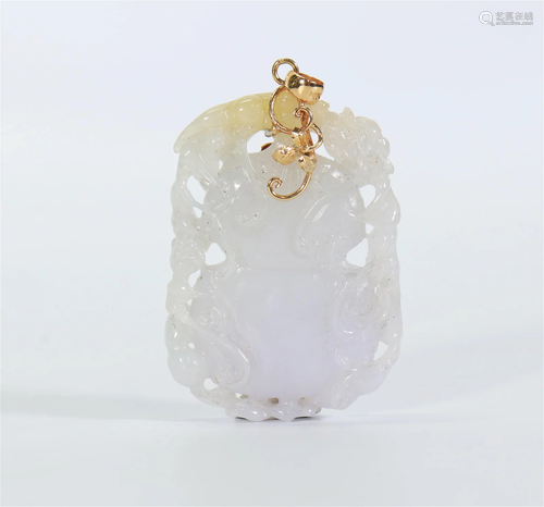 Fine Chinese Translucent White Jadeite Pendant;14K