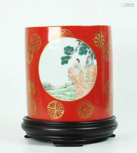 Chinese Qing Coral & Famille Rose Brush Pot