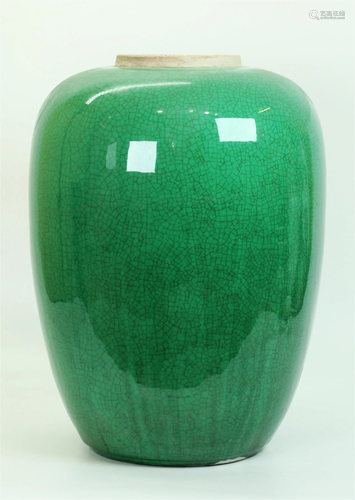 Lg Chinese 19 C Apple Green Crackle Porcelain Jar