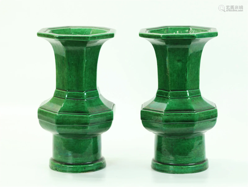 Pr Chinese Green Glazed Porcelain Octagon Vases