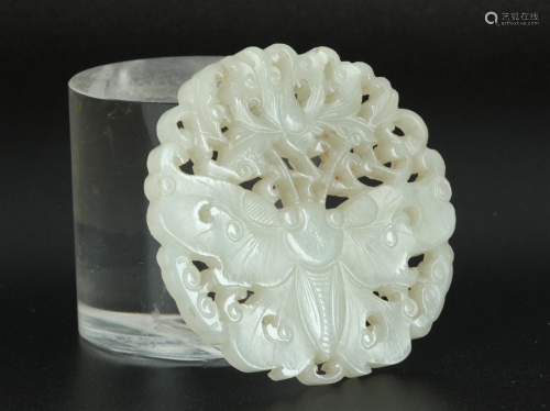 Fine Chinese 19th C White Jade Butterfly Pendant