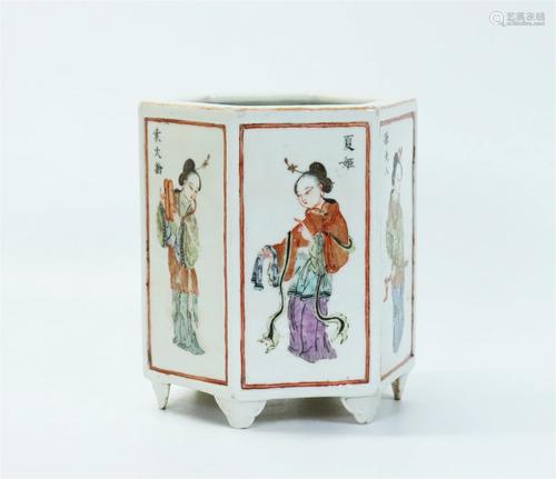 Chinese Hexagon Porcelain Brush Pot w Ladies