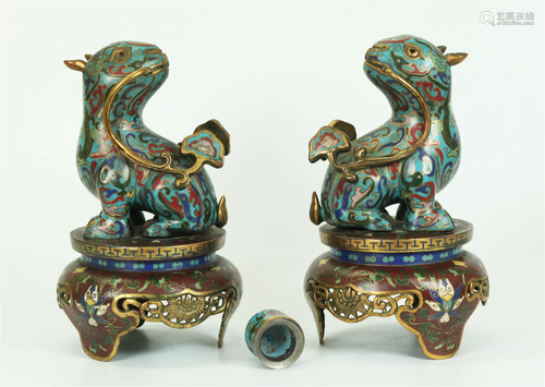 Pr Chinese Gilt Bronze & Cloisonne Picas & Stands