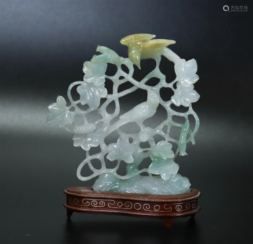 Chinese Polished Jadeite Birds in Vines Carving