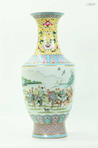 Chinese Famille Rose Porcelain Hunting Party Vase