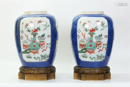 Pr Chinese Verte & Powder Blue Porcelain Jars
