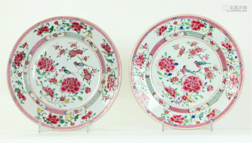 Pair Chinese 18th C Bird & Flower Porcelain Plates