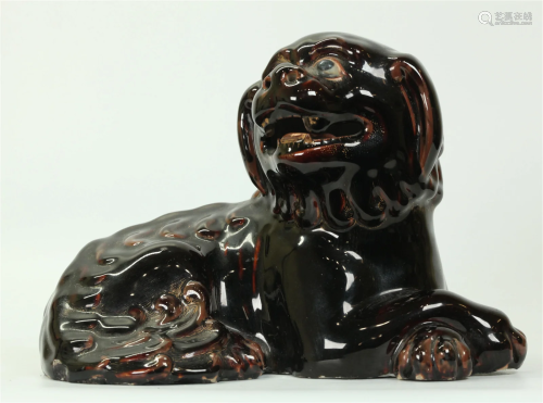 Lg Chinese Brown Glazed Porcelain Seated Fu Dog