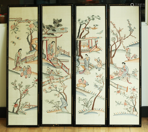 4 Chinese Kesi Silk Panels Each of Ladies & 2 Boys