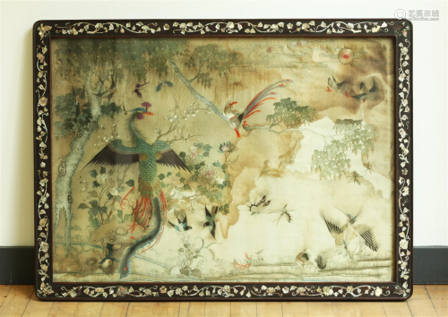 Chinese Qing Silk Birds; Shell Inlay Frame