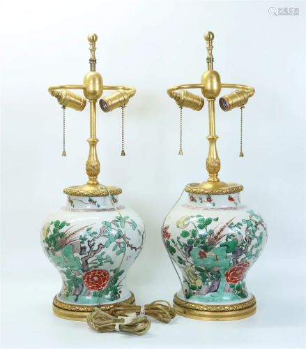Pair Chinese 18th C Famille Verte Porcelain Jars