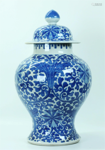 Chinese Blue & White Porcelain Lotus Temple Jar
