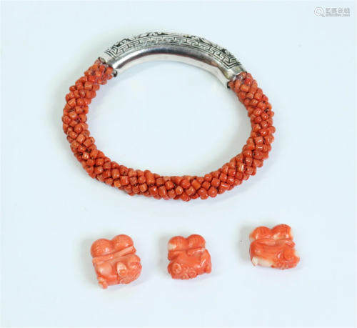 Chinese Silver & Coral Bracelet; 3 Fu Dog Beads