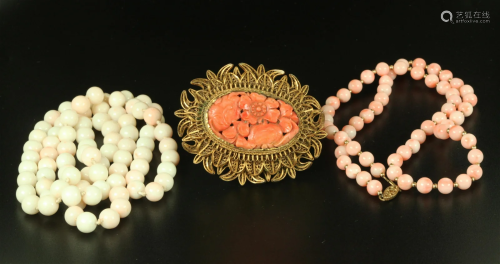 3 Chinese Corals Oval Pin 2 Bead Necklaces